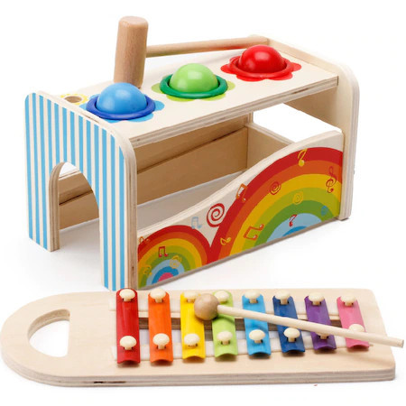 Jucarie din lemn 2in1 pentru copii,Ciocanel cu 3 bile,xilofon din lemn cu 8 note muzicale - Multicolor