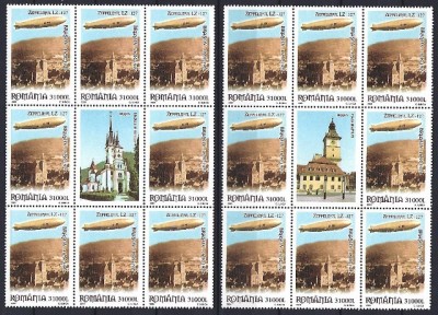 Romania 2004 - Lp 1652 a - 75 de ani de la zborul Zeppelinului deasupra Brasovului - bloc de 8 tb. + vinieta la mijloc - MNH *** foto