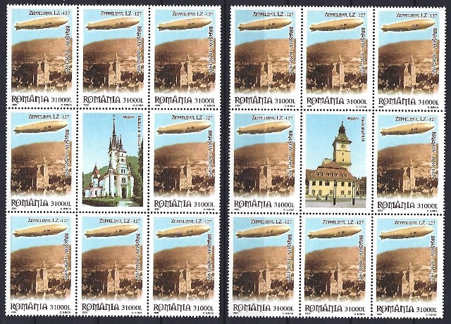 Romania 2004 - Lp 1652 a - 75 de ani de la zborul Zeppelinului deasupra Brasovului - bloc de 8 tb. + vinieta la mijloc - MNH ***