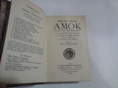 STEFAN ZWEIG - AMOK ou LE FOU DE MALAISIE (1927) / LA CONFUSION DES SENTIMENTS (1929) / VINGT-QUATRE HEURES DE LA VIE D&amp;quot;UNE F foto