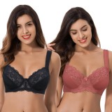 Sutien cu dantelă, cu s&acirc;rmă, fără căptușeală, mărime plus, set de 2, cu bretele umplute și suport &ndash; Roz/Negru EU 80F
