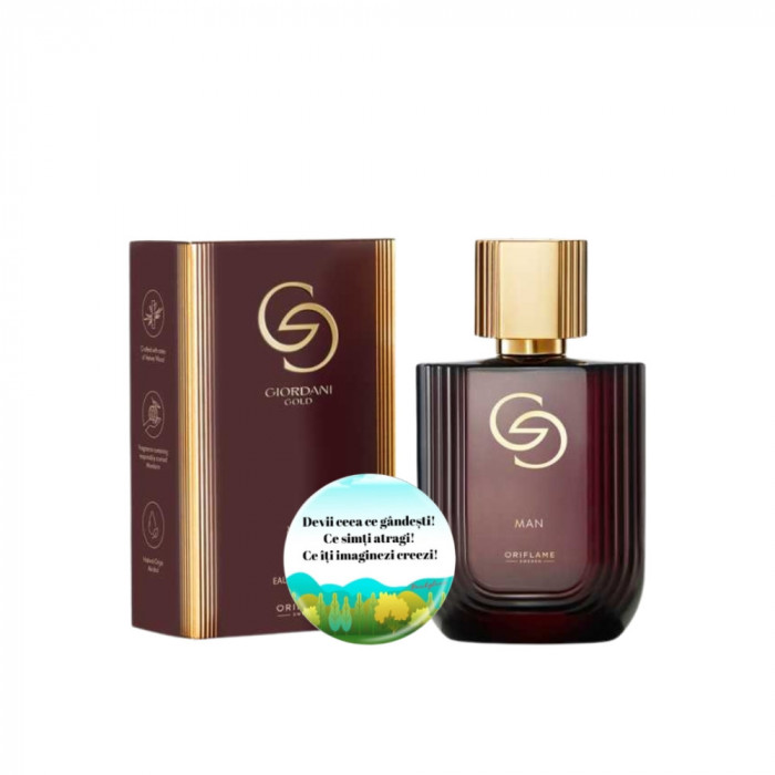 Set complet pentru El, Apa de parfum Giordani Gold Man, insotit de insigna Dactylion cu mesaj motivational