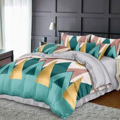 Lenjerie de pat pentru o persoana cu husa elastic pat si 2 fete perna dreptunghiulara, Bard, bumbac mercerizat, multicolor