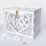 Cumpara ieftin Cutie cadouri nunta din lemn, Jolik, model Mr &amp; Mrs, cu lacat, 30x24x21.5 cm, alb