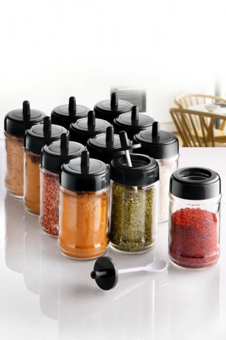 Set recipiente pentru condimente Kosova, Sticla, 300 ml, 12 bucati, Lingura, Transparent