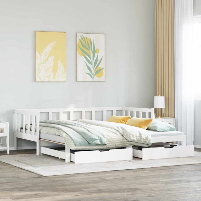 Pat de zi cu extensie și sertare fără saltea, alb, 80x200 cm