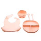 Set 5 piese diversificare bebelusi si copii din silicon, baveta, farfurie compartimentata cu ventuza, bol cu ventuza, tacamuri, fara alergeni, roz