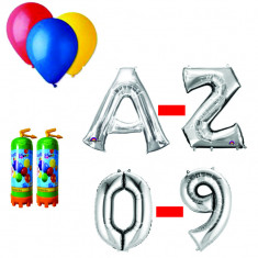 Pachet 10 baloane numere / cifre argintii la alegere, 3 butelii heliu, 100 baloane latex 26cm standard foto