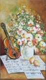 Tablou oala cu flori si vioara semnat Cimpoesu.
