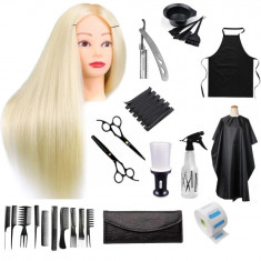 Set kit frizerie coafor complet Jasmin cu cap practica blond ,brici foarfeca tuns si filat