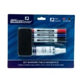 Set pentru tabla Office Cover, varf rotund, 3 culori (negru, albastru, rosu) + burete tabla + solutie curatare tabla