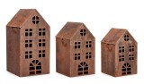 Set 3 suporturi lumanari Casute metal maro 21x20x35h; 23x22x39h; 26x25x50h