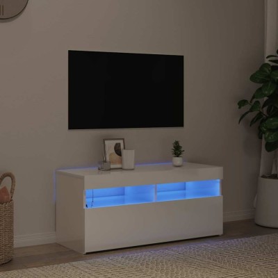 vidaXL Comodă TV cu lumini LED, alb extralucios, 90x35x40 cm foto