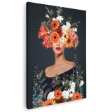 Tablou colaj portret femeie cu flori variate, multicolor 1344 Tablou canvas pe panza CU RAMA 60x90 cm