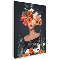 Tablou colaj portret femeie cu flori variate, multicolor 1344 Tablou canvas pe panza CU RAMA 40x60 cm