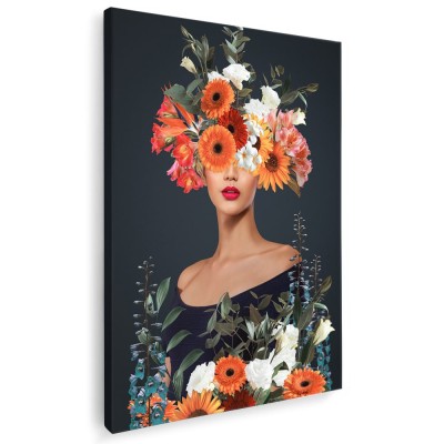 Tablou colaj portret femeie cu flori variate, multicolor 1344 Tablou canvas pe panza CU RAMA 60x90 cm foto