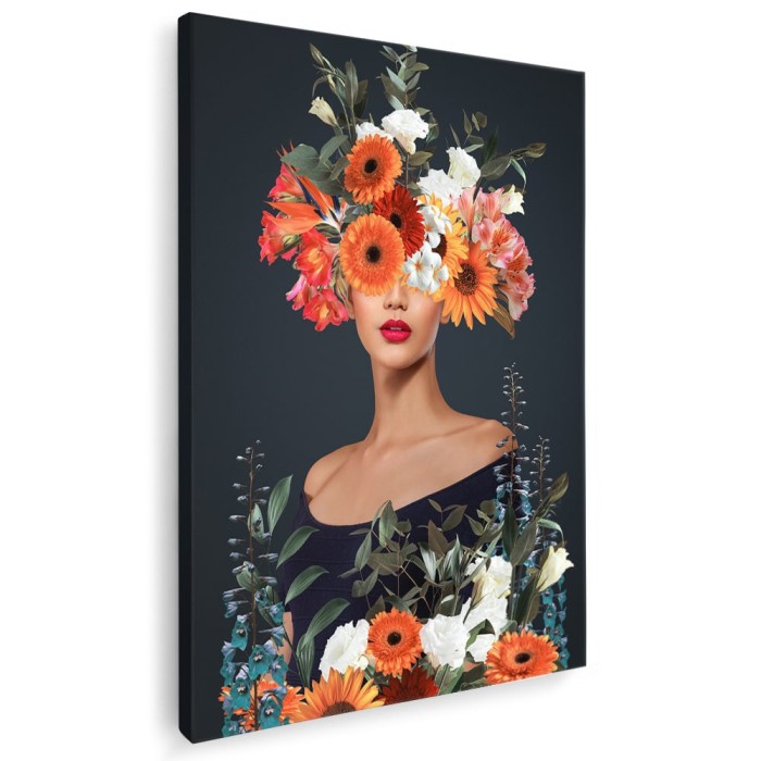 Tablou colaj portret femeie cu flori variate, multicolor 1344 Tablou canvas pe panza CU RAMA 60x90 cm