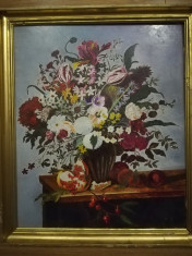 Tablou flori in glastra ulei / carton, 48x42 cm, cu rama, buchet flori, de efect foto