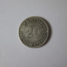 Rară! Mauritius 20 Cents 1886 argint cu patina deosebita,regina Victoria