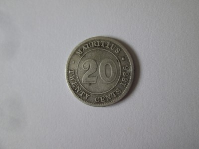 Rară! Mauritius 20 Cents 1886 argint cu patina frumoasa,regina Victoria foto