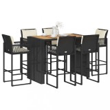 Cumpara ieftin Set bar de grădină, 7 piese, cu perne, negru, poliratan