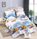 Cumpara ieftin Lenjerie pat dublu,bumbac finet,6 piese cu elastic,alba cu fluturi aurii-A311, Jojo Home