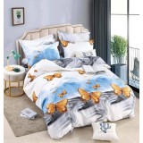 Lenjerie pat dublu,bumbac finet,6 piese cu elastic,alba cu fluturi aurii-A311