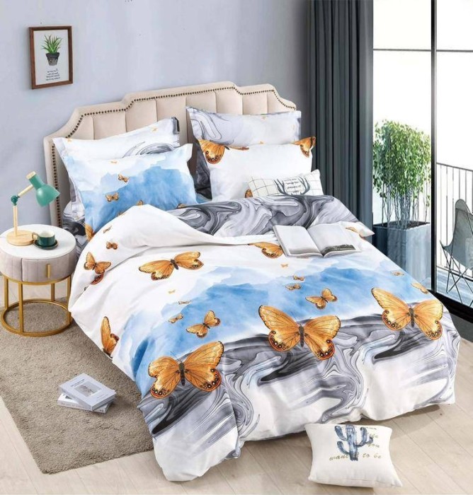 Lenjerie pat dublu,bumbac finet,6 piese cu elastic,alba cu fluturi aurii-A311