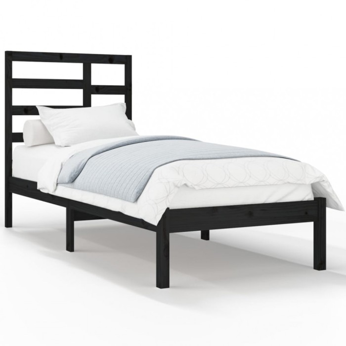 Cadru de pat mic single, negru, 75x190 cm, lemn masiv