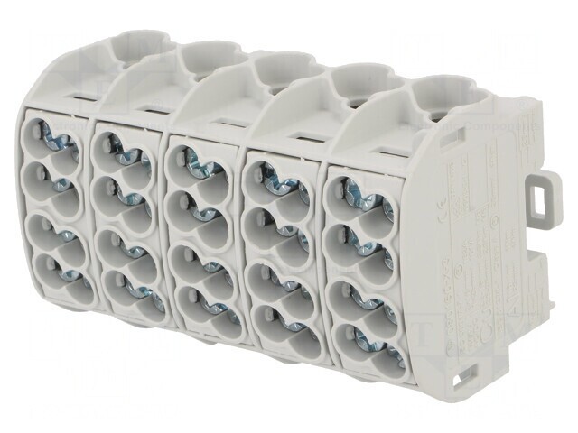 Bloc de distribuție 25mm2 5 piste 20 borne gri