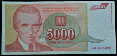 Bancnota 5000 DINARI / DINARA - YUGOSLAVIA, anul 1993 * cod 241 foto