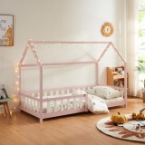 Pat casuta copii cu grilaj protectie Hesel 200x90cm lemn roz [en.casa] HausGarden Leisure