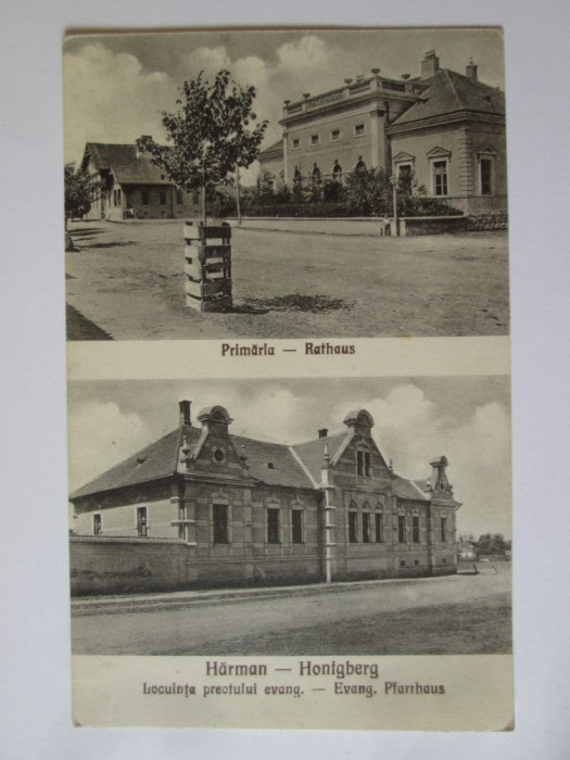 Rara! Harman(Brasov):Primaria si resedinta evanghelica,carte pos.necirc.anii 20