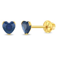 Cercei Copii din Aur 14K, model Birthstone (zi nastere septembrie), forma Inima cu Piatra CZ Blue