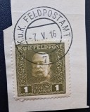 Imperiul Austro-Ungar (Feldpost WWI) 1915-Marcă Poștală Militară de Război (K.u.K. Feldpost) Franz Joseph I 1 Heller Măsliniu pe Decupaj -TG1