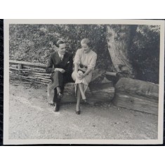 Fotografie, Doi tineri indragostiti, la munte, stand pe un bustean, anii 40