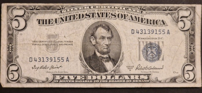 America 5 Dolari 1953 seria D43139155A Silver