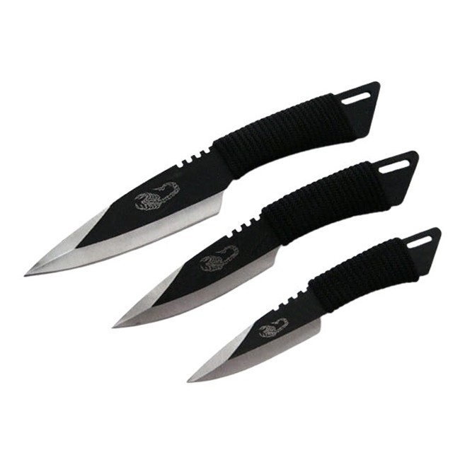 Set 3 cutite de aruncat IdeallStore&reg;, Scorpion King, 24.5 cm, negru, husa inclusa