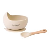 Bol anti-alunecare din silicon alimentar si lingurita, set de 2 piese pentru diversificare, Sand