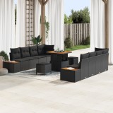 Set de canapea de grădină vidaXL cu perne, negru, ratan poli, acacia, Set de dining de grădină vidaXL cu perne, negru, ratan poli, acacia