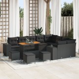 Set canapea gradina 12 piese cu perne negru ratan poli acacia, set de dining gradina 3 piese cu perne negru ratan poli acacia