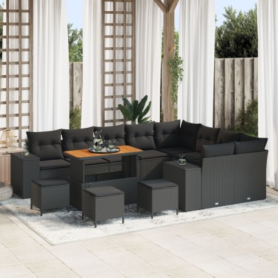 Set canapea pentru gradina Gossi cu 12 piese si perne negru ratan poli acacia, set de 3 piese pentru dining in gradina Gossi cu perne negru ratan poli foto