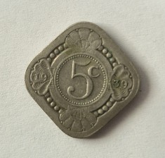 Olanda 5 Cents 1939 km # 153 moneda cupru nichel creanga de portocal