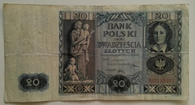 Bancnota Polonia - 20 Zlotych 11-11-1936 foto