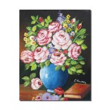Tablou pictat manual, Vaza cu trandafiri si carte, 45x35cm pictura ulei pe panza, Superb