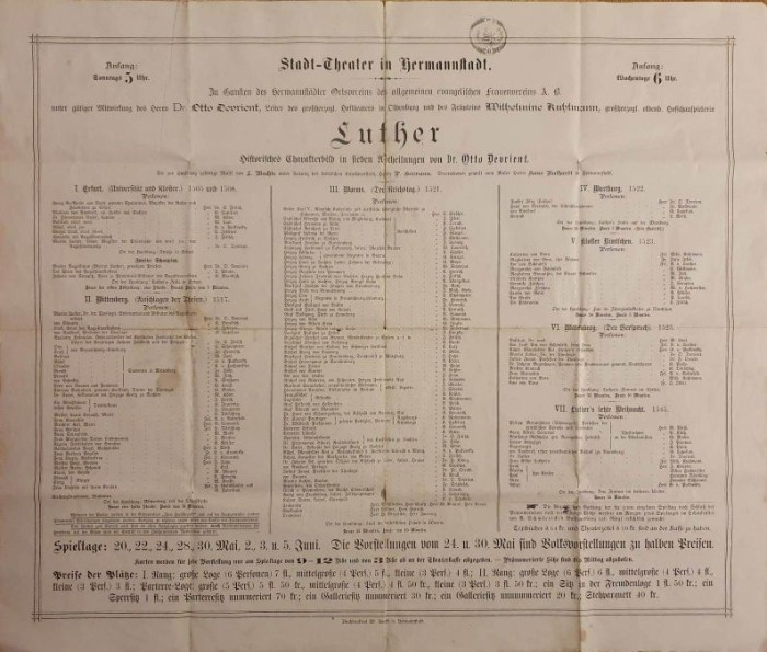 A1867 Afiș al teatrului orășenesc din Sibiu, anul 1888, anunț&acirc;nd programul piesei de teatru &bdquo;Luther&rdquo; a scriitorului și actorului Otto Devrient