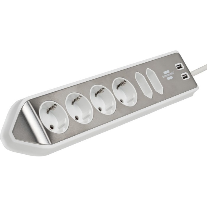 Prelungitor pentru perete/colt Brennenstuhl Estilo, 6 prize, 2xUSB, 3.1 A, cablu H05VV-F 3G1.5, 2m, Argintiu/Alb