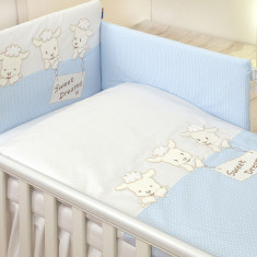 Set lenjerie din bumbac cu protectie laterala pentru pat bebelusi Sweet Dreams Blue 120x60 cm