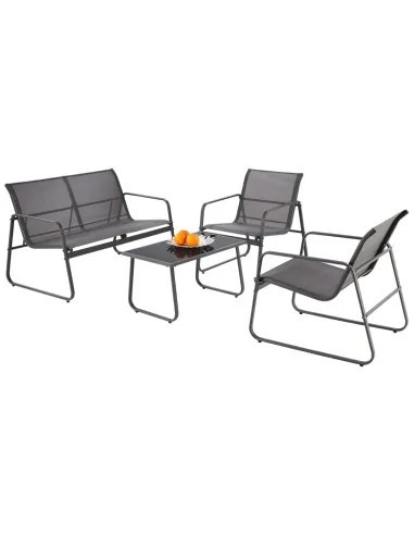 Set mobilier de gradina si terasa HM Conor, metalic, tapiterie textilena, cu canapea, fotolii si masuta cafea, 4 persoane, gri inchis
