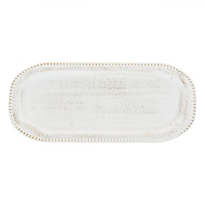 Platou Decorativ, Oval, Lemn, Dots Reliefate, Alb Brushed Auriu, 35x15cm foto